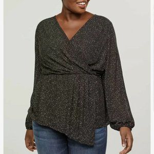 Lane Bryant Faux Wrap Top Plus 24 Black‎ w/ Gold Foil Dots V-Neck Puffy Sleeves